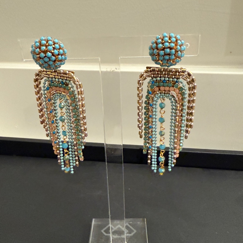 Beaded Turquoise and Gold Statement Earrings
